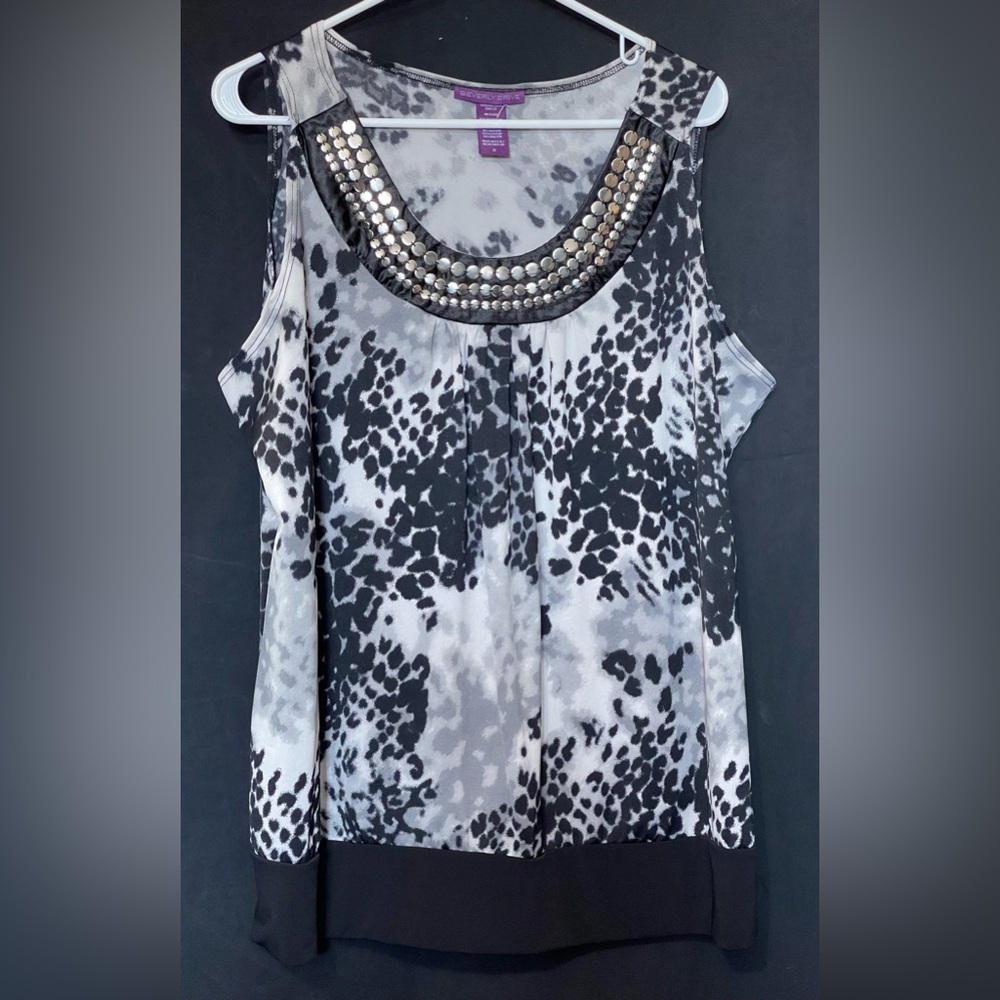 Beverly Drive Black and White Patterned Blouse With Embellished Neckline Size 1X
